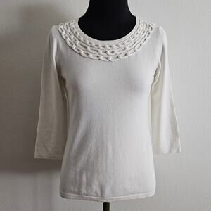 EUC J. Mclaughlin Women's Off-White Print Cotton Blend 3/4 Sleeves Sweater XS